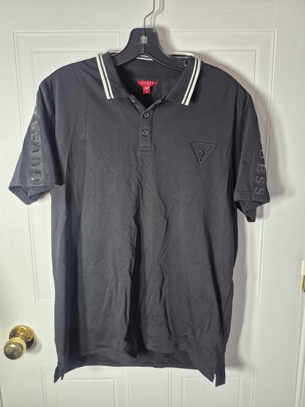 GUESS Los Angeles Men's Black Polo Shirt Size M - Sleeve Logo Tape
